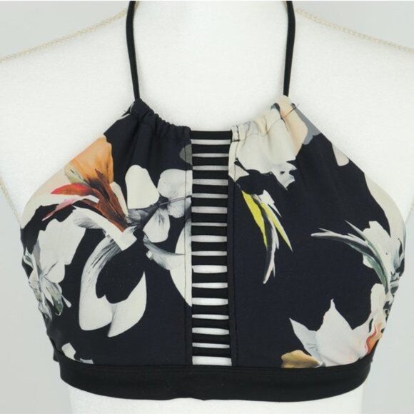 Athleta Polynesia Women's XS Black Floral High Neck Halter Bikini Swim Top - Picture 2 of 5